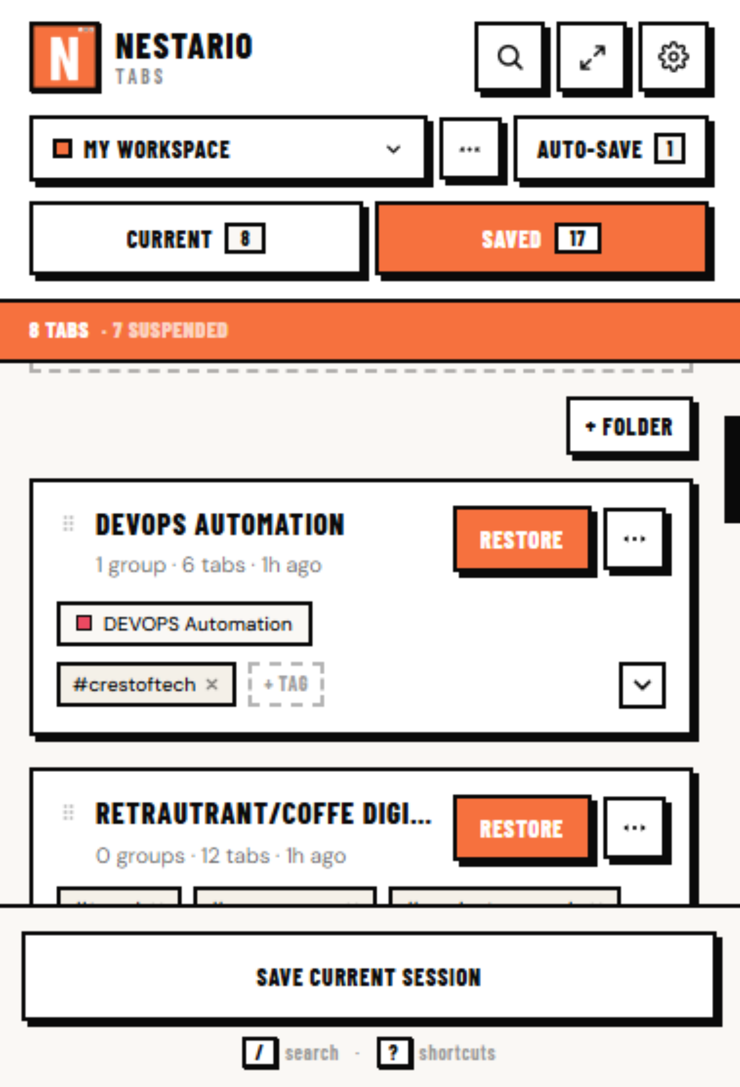 Saved session cards with Restore buttons, tab groups and hashtag tags