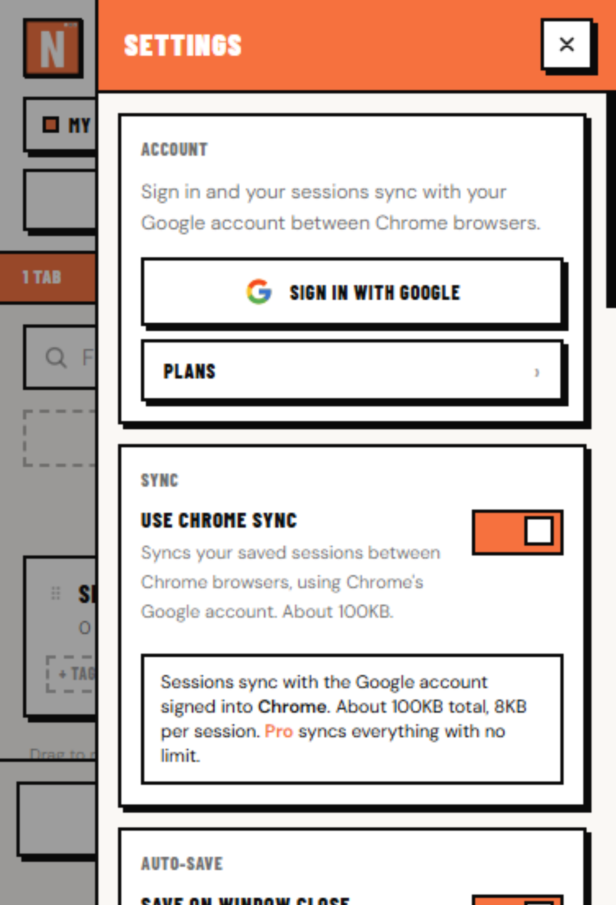 Settings panel with Google account sync, plans and auto-save options
